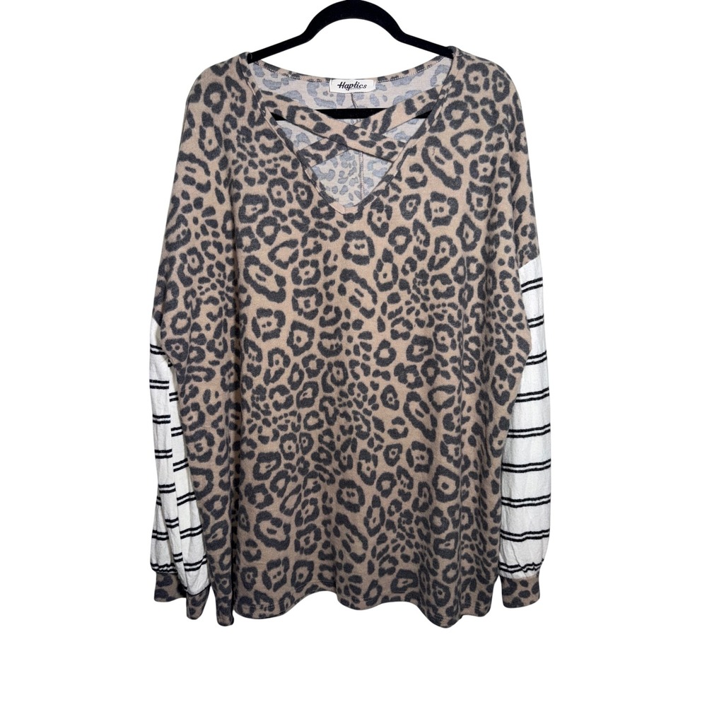 Haptics Holly Harper Leopard Stripe Crisscross V-Neck Top 2X XHT1184B NWOT